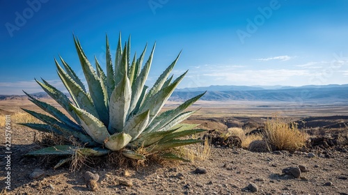 agave. A majestic agave plant with a tall flowering stalk in arid landscape under a vast blue sky. gardening catalogs, home-decor guides, designed for gardening and botanical catalogs.