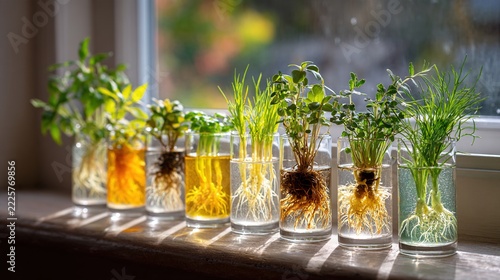 propagation. Plant cuttings in water glasses on a windowsill, new roots glowing. gardening catalogs, home-decor guides, designed for gardening and botanical catalogs, used by teachers.