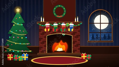 Cozy Christmas Fireplace and Stockings with Copy Space for Holiday Greeting.