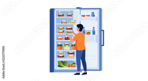 Man Organizing Healthy Meal Prep Containers in an Open Refrigerator, Flat Vector Illustration of Food Storage and Kitchen Organization