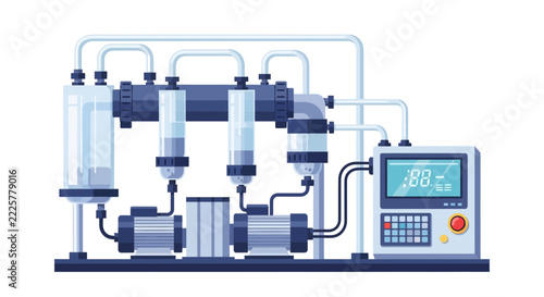 Modern Industrial Filtration System Illustration with Control Panel and Pumps for Water Treatment or Chemical Processing