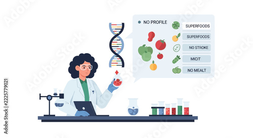 Female Scientist Researching Nutritional Biotechnology and Superfoods in Laboratory with DNA Helix and Digital Data Interface