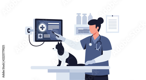 Female Veterinarian Examining a Dog Using a Digital Monitor in a Clinic, Modern Flat Vector Illustration for Pet Healthcare and Medical Diagnostics