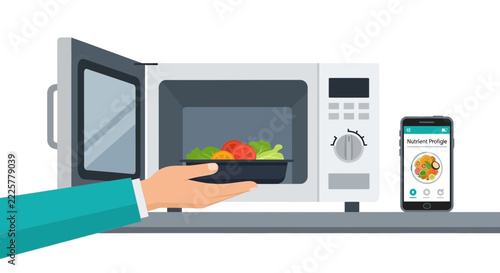 Flat Vector Illustration of a Person Putting a Healthy Meal in a Microwave with a Nutrition Tracking Smartphone App Nearby
