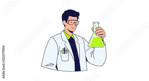 Male Scientist Researcher in Lab Coat Holding Erlenmeyer Flask with Green Liquid, Science and Chemistry Experiment Concept Vector Illustration
