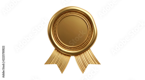 Golden medal with ribbon, isolated on a white background, symbol of achievement, success, victory, and performance