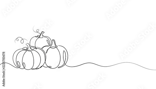 Minimalist continuous line drawing featuring three pumpkins with curly vines on a clean white background with ample copy space. Ideal for autumn, Halloween, and Thanksgiving designs