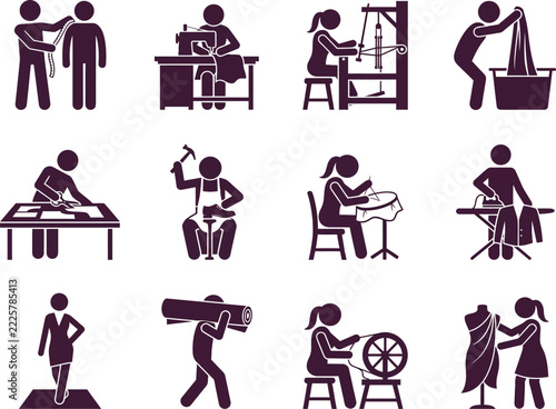 Set of icons showing tailoring sewing and garment production processes.