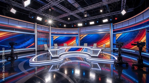 Modern television broadcast news studio set with empty curved anchor desk, professional cameras, and vibrant digital screens