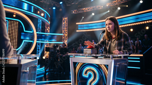 Young female contestant standing behind a podium with a buzzer on a modern television game show set under bright studio lighting
