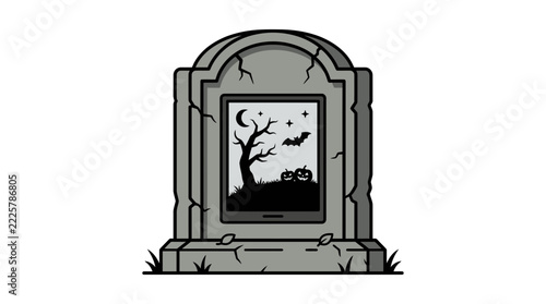 illustration of a cracked stone tombstone featuring digital screen with spooky Halloween night landscape on white background