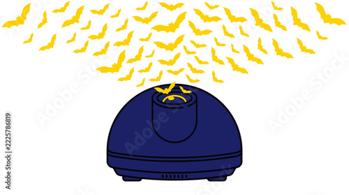 illustration of an ultrasonic pest repeller emitting yellow bat silhouettes on white background