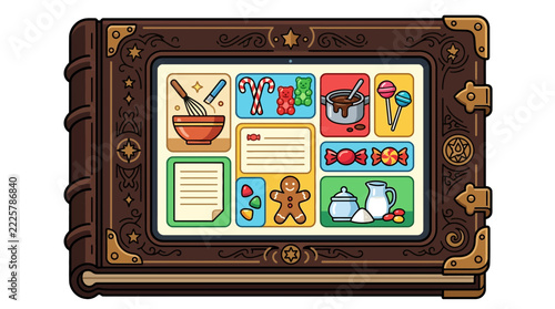 illustration of a vintage ornate fantasy recipe book displaying candy making instructions and sweets menu