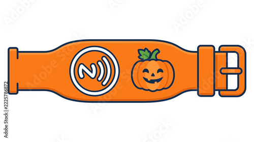 illustration of an orange contactless RFID wristband with Halloween pumpkin design on white background
