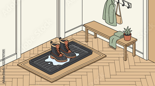 Wet winter boots standing on a muddy rubber tray in a cozy home hallway, portraying cozy indoor scenes and domestic comfort