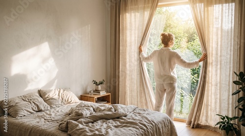 Woman opens curtains in bedroom to reveal sunny garden view