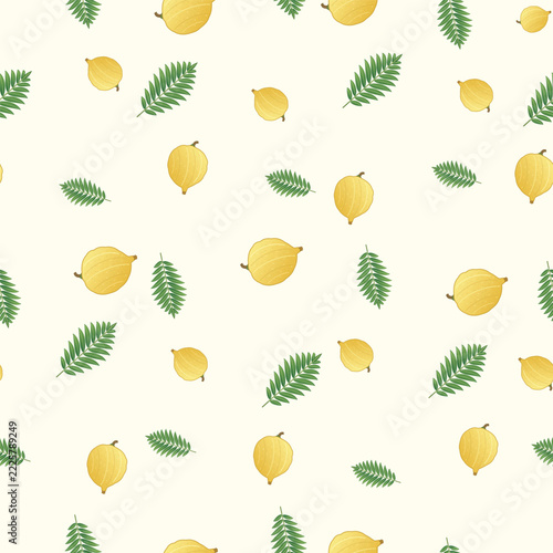 Seamless Botanical Pattern with Yellow Gooseberry Fruits and Green Leaves