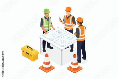 Construction workers looking at blueprints on site isolated on white background, Vector, illustration