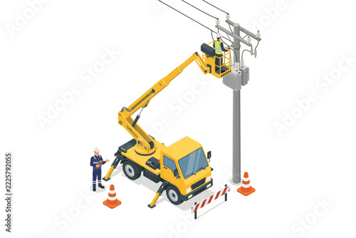 Electrician working on power line with bucket truck isolated on white background, Vector, illustration