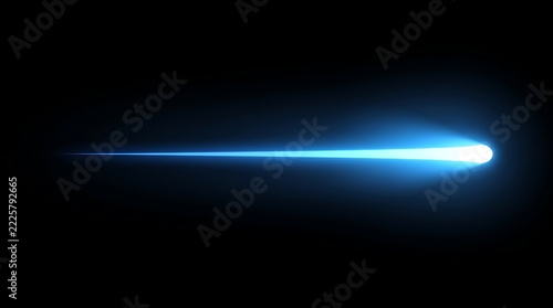 Single brilliant blue light streak zooming horizontally through deep darkness in high speed with trail glowing line motion blur abstract background velocity