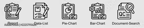 Corporate reporting banner web icon set vector illustration concept with icon of report, data list, pie chart, bar chart, and document search.
