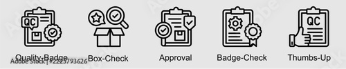 Product quality approval banner web icon set vector illustration concept with icon of quality badge, box check, approval, badge check, and thumbs up.