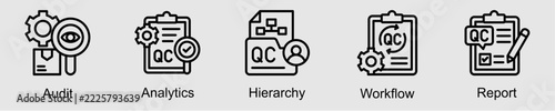 Management and monitoring banner web icon set vector illustration concept with icon of audit, analytics, hierarchy, workflow, and report.