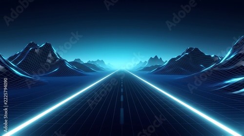 Neon blue light highway extending towards mountains under dark starry night sky with mountain landscape glowing road path digital range