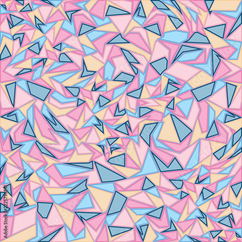 Abstract geometric background pattern with soft pastel pink, blue, and yellow polygons and dark outlines. Cute mosaic vector illustration, ideal for baby shower designs, spring backgrounds, sweet pack
