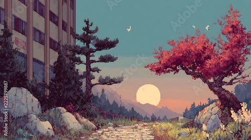 Pixel art anime style sunset landscape with cherry blossom tree