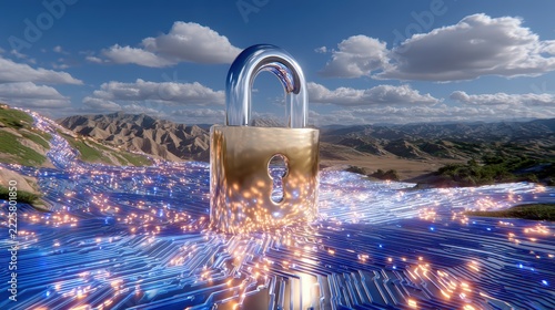 Golden Padlock on Glowing Digital Circuit Ground in Mountain Landscape Concept of Global Cyber Security