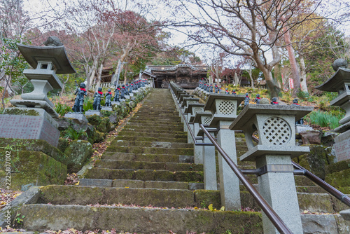 12月の冬の装いを見せる大山寺の石段参道と立ち並ぶ灯籠と童子像 神奈川県伊勢原市