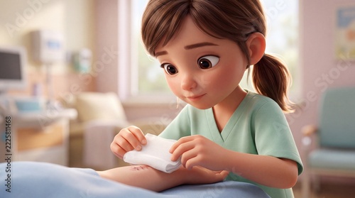 Stylized 3D Character Applying Sterile Gauze Bandage First Aid Scene