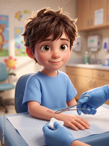 Stylized 3D Character of a Brave Boy Having Surgical Skin Staples Removed