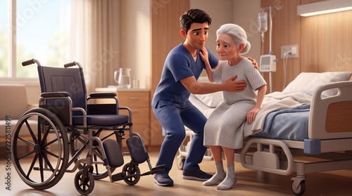 Stylized 3D Male Caregiver Assisting Patient Transfer to Wheelchair