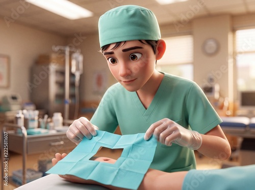 Stylized 3D Teenage Medical Intern Applying Sterile Fenestrated Surgical Drape