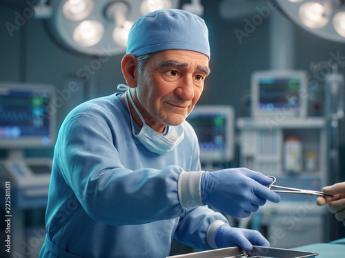 Stylized 3D Senior Male Surgical Assistant Passing Instruments in Operating Room