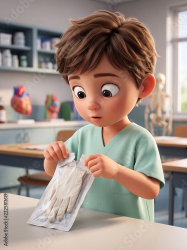Stylized 3D Child Character Carefully Opening Sterile Medical Glove Package