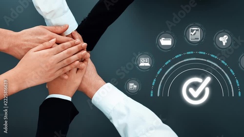 A group of diverse hands coming together represents teamwork and collaboration in a professional setting. A digital checkmark suggests successful business processes. Raster