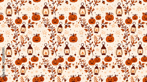 Seamless Pattern with Halloween Pumpkins and Vintage Lanterns.