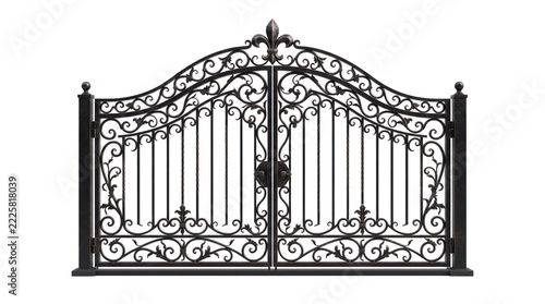 Ornate wrought iron gate with vintage scrollwork, classic black metal entrance gate, decorative antique iron fence door for luxury home estate isolated PNG with Transparent Background