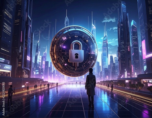 Futuristic Cryptocurrency Security Concept with a Padlock Coin Hovering Over a Cyberpunk City, Representing Blockchain Protection and Secure Digital Finance.