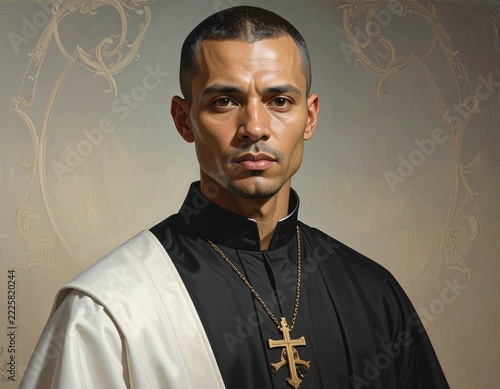 Dignified Portrait of a Religious Priest in Black Robes and White Stole Wearing a Gold Cross Necklace. Serious Spiritual Leader or Clergy Member Portrait for Church Ministry.