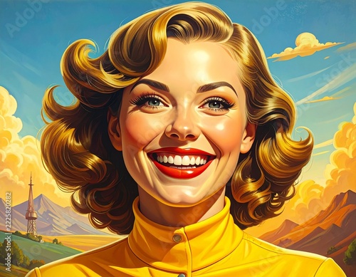 Vintage Retro Illustration of a Beautiful Smiling Woman with Blonde Wavy Hair in a 1950s Pin-up Style Against a Vibrant Sky and Mountain Landscape Background
