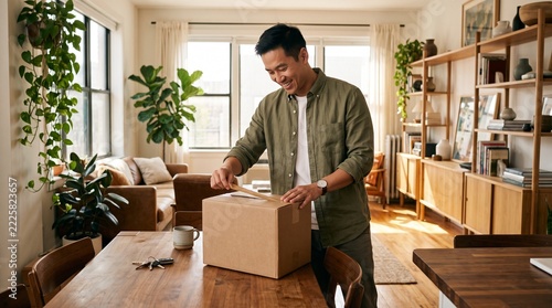 Asian man opening cardboard box after receiving parcel at home