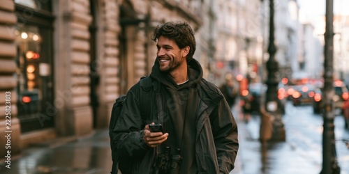 Young smiling man in dark hoodie and jacket walking on city street with smartphone, urban lifestyle, casual fashion, outdoor activity, happy expression