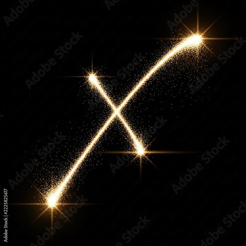 Abstract golden sparkling light trails in the shape of letter X.