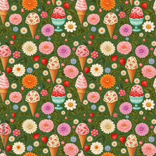 Seamless Pattern with Ice Cream, Strawberries and Vintage Flowers on Green