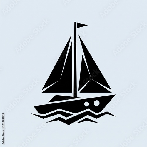 Minimalist Geometric Black Sailboat Logo Icon Side View Sails Waves on Light Blue Gray Background