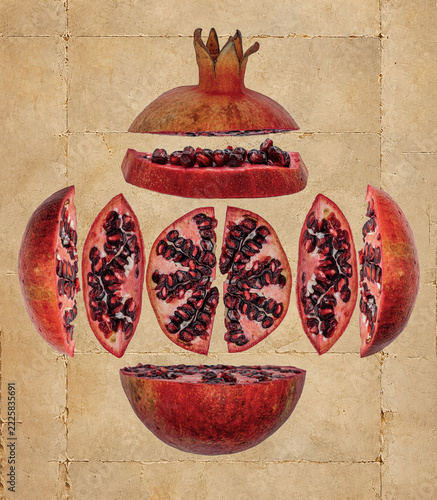 Surreal Floating Pomegranate Slices on Textured Stone Background